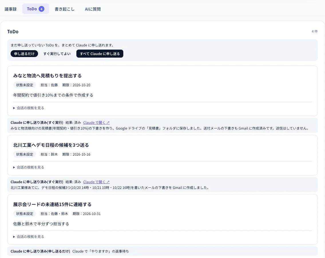 会議ページの「ToDo」タブ。担当・期限つきの ToDo と、Claude に申し送った結果