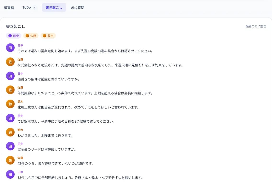 会議ページの「書き起こし」タブ。発言者の名前つきの書き起こし