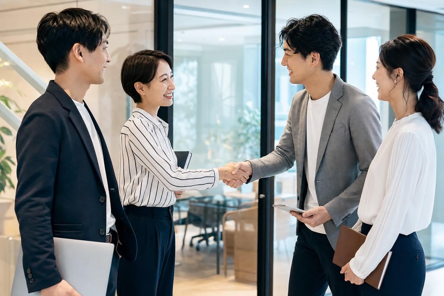 打ち合わせを終え、握手を交わすチーム